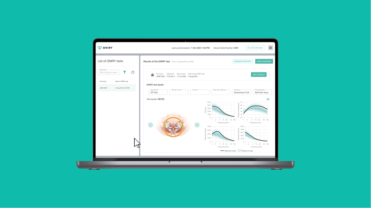 Ekran laptopa prezentujący medyczny dashboard platformy ONIRY zaprojektowany przez itCraft, wyświetlający wyniki testów diagnostycznych pacjenta, wykresy częstotliwości oraz dane medyczne.