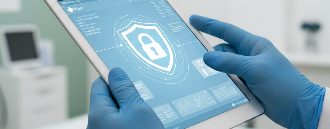 Dłonie w niebieskich rękawiczkach medycznych trzymające tablet z grafiką tarczy i kłódki, symbolizujące bezpieczeństwo danych pacjentów i interoperacyjność systemów HL7 oraz FHIR.