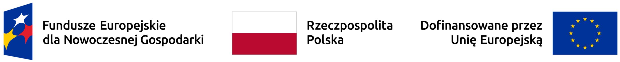 Oficjalna belka informacyjna przedstawiająca logotypy: Fundusze Europejskie dla Nowoczesnej Gospodarki, flagę Rzeczypospolitej Polskiej oraz flagę Unii Europejskiej z podpisem o dofinansowaniu.