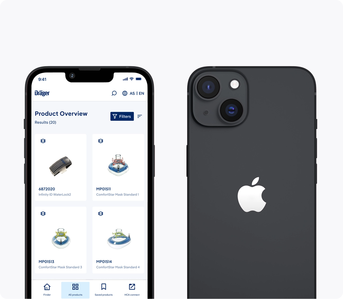 Ekran główny aplikacji medycznej Drager z listą produktów i filtrami na smartfonie iPhone, ilustrujący usługi developmentu aplikacji healthcare przez itCraft.