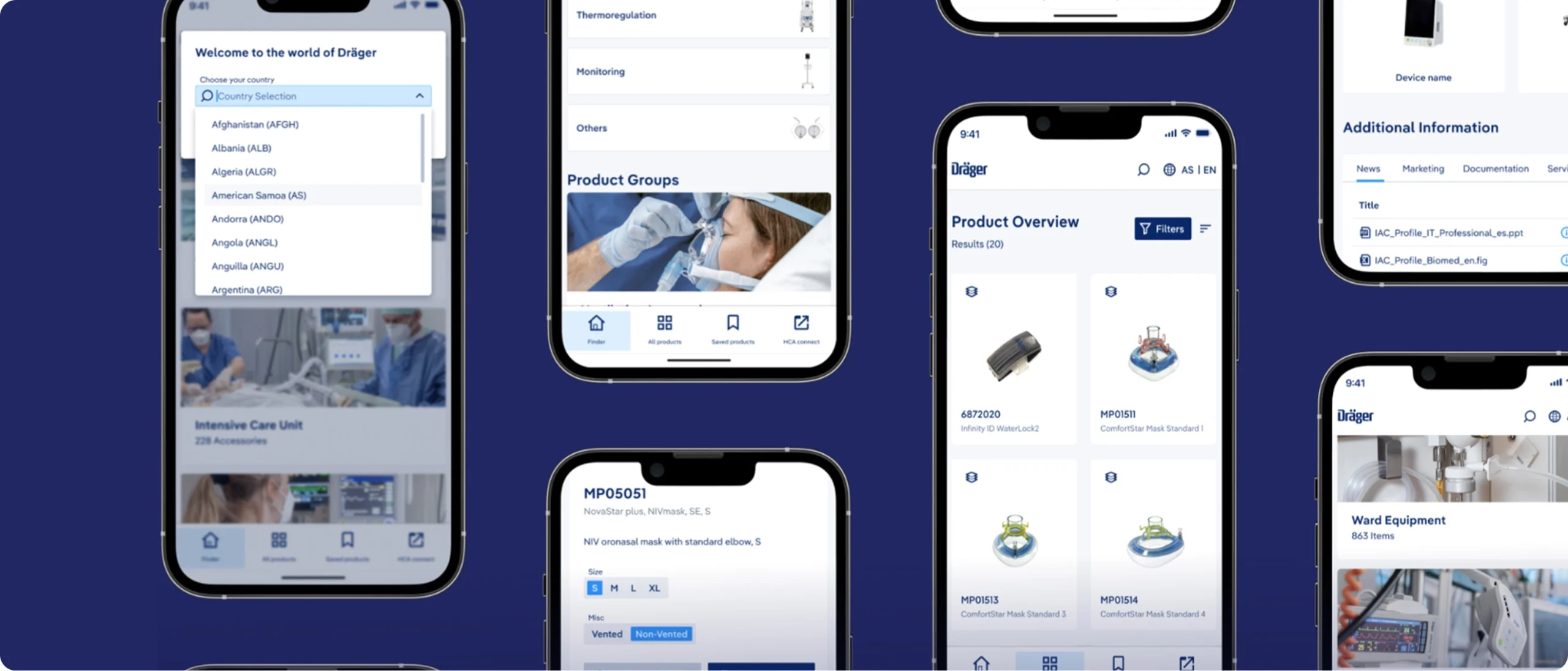 Zestaw ekranów aplikacji medycznej Drager na smartfonach, prezentujący interfejs użytkownika (UI) zaprojektowany przez itCraft, w tym wybór kraju, grupy produktów oraz szczegóły sprzętu medycznego.