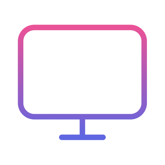 Liniowa ikona monitora komputerowego z neonowym gradientem różu i fioletu, oznaczająca niezawodne oprogramowanie i aplikacje desktopowe.
