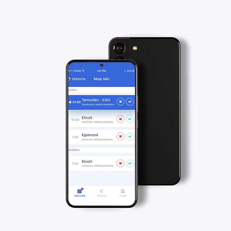 Smartfon prezentujący ekran "Moje leki" w aplikacji medycznej Egis stworzonej przez itCraft, z listą leków na dzisiaj, harmonogramem dawkowania oraz opcjami potwierdzenia lub pominięcia dawki.