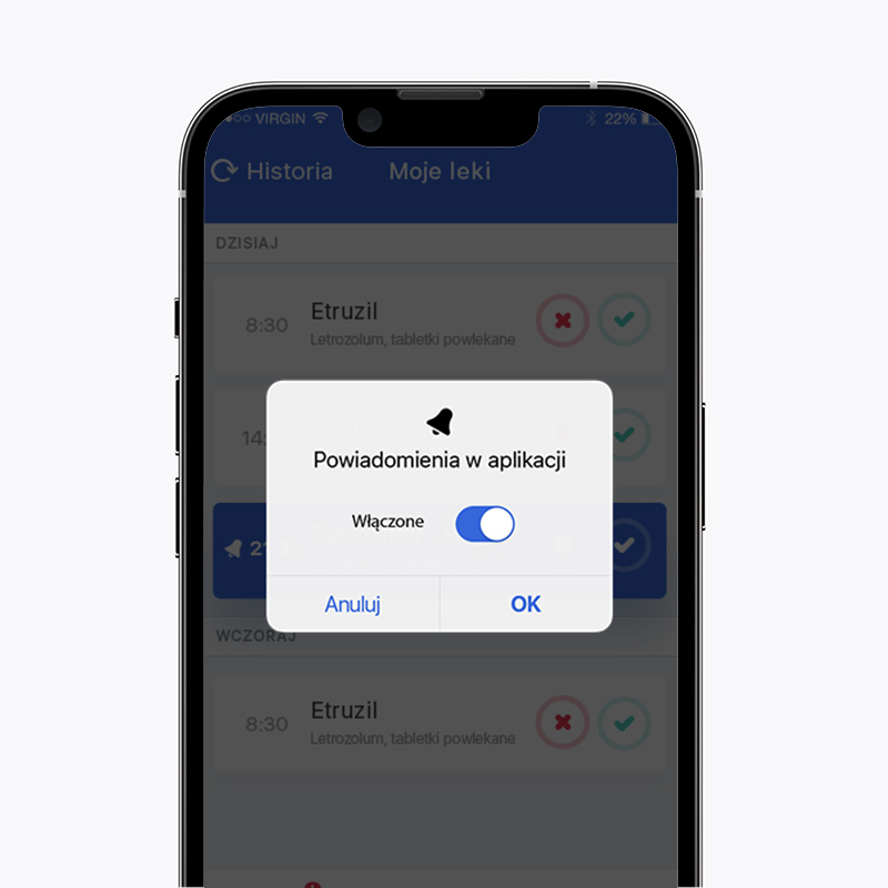 Zbliżenie na ekran smartfona z aplikacją medyczną Egis stworzoną przez itCraft, prezentujące wyskakujące okno dialogowe z ustawieniem włączenia powiadomień w aplikacji