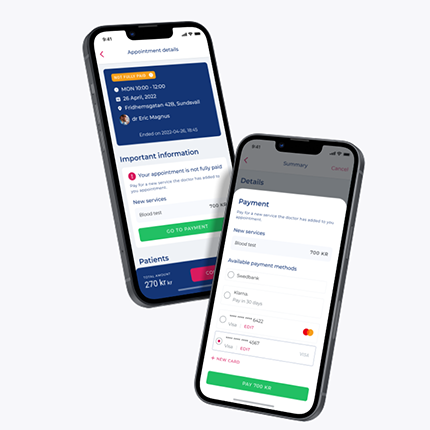 Dwa smartfony prezentujące interfejs aplikacji medycznej Mobila Doktorn stworzonej przez itCraft, pokazujące ekrany szczegółów wizyty z powiadomieniem o płatności oraz moduł wyboru metod płatności.
