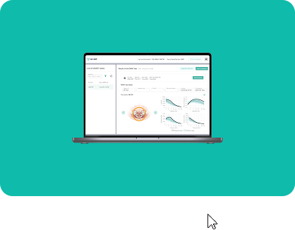 Ekran laptopa prezentujący medyczny dashboard platformy ONIRY zaprojektowany przez itCraft, wyświetlający wyniki testów diagnostycznych pacjenta, wykresy częstotliwości oraz dane medyczne.