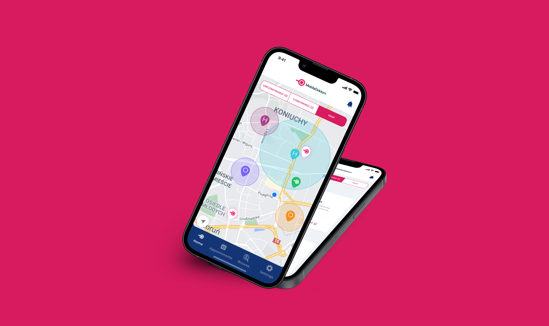 Dwa smartfony prezentujące interfejs aplikacji medycznej Mobila Doktorn stworzonej przez IT Craft, widok mapy z lokalizacjami i modułem zarządzania wizytami.