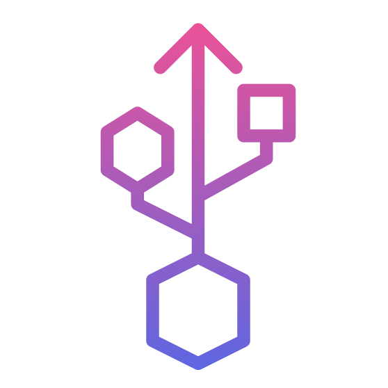 Różowo-fioletowa ikona rozgałęzionego połączenia ze strzałką i węzłami, symbolizująca integrację systemów i most technologiczny Python.