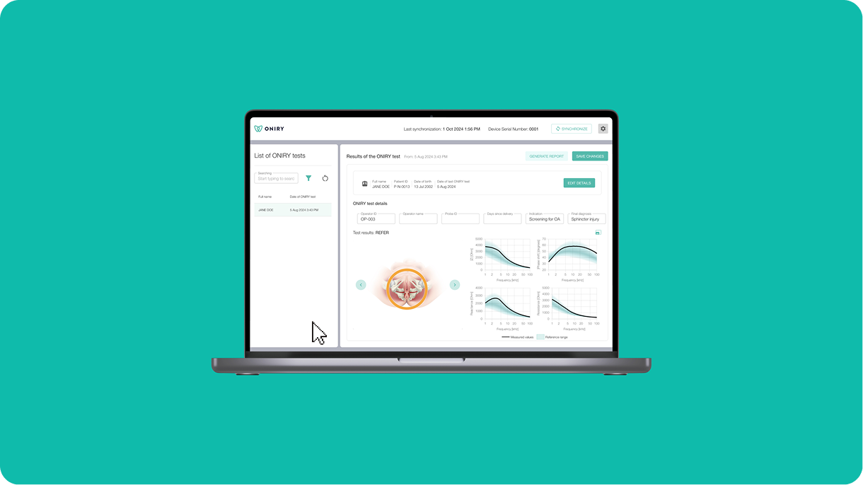 Ekran laptopa prezentujący medyczny dashboard platformy ONIRY zaprojektowany przez itCraft, wyświetlający wyniki testów diagnostycznych pacjenta, wykresy częstotliwości oraz dane medyczne.