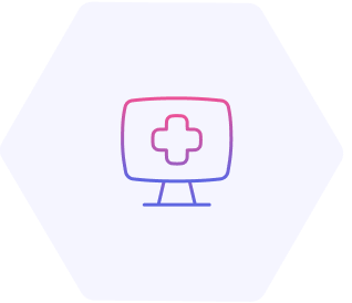 Ikona usługi „Software jako wyrób medyczny (SaMD)” przedstawiająca ekran komputera z krzyżem medycznym, symbolizująca certyfikowane oprogramowanie dla medycyny. Icon for the "Software as a Medical Device (SaMD)" service, showing a computer monitor with a medical cross, symbolizing certified healthcare software.